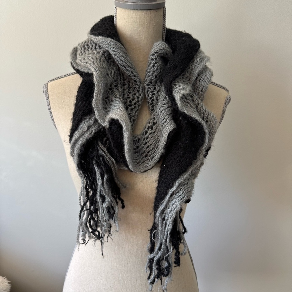 Hand Crocheted Open Knit Scarf, Two-tone Black/Gray w/ fringe!